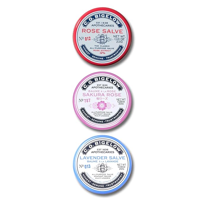 C.O. Bigelow All Purpose Salves, Variety Pack of 3 Lip Balm Tins for Chapped Lips & Dry Skin - Classic Rose, Lavender & Sakura Rose Moisturizing Lip and Skin Salves, 0.8 oz each