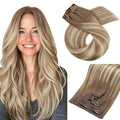 Moresoo Seamless Clip in Human Hair Extensions Light Brown to Medium Blonde Balayage Clip in Brown Blonde Hair Extensions for Women Remy Human Hair Clip ins Invisible 120g/7pcs 20 inch