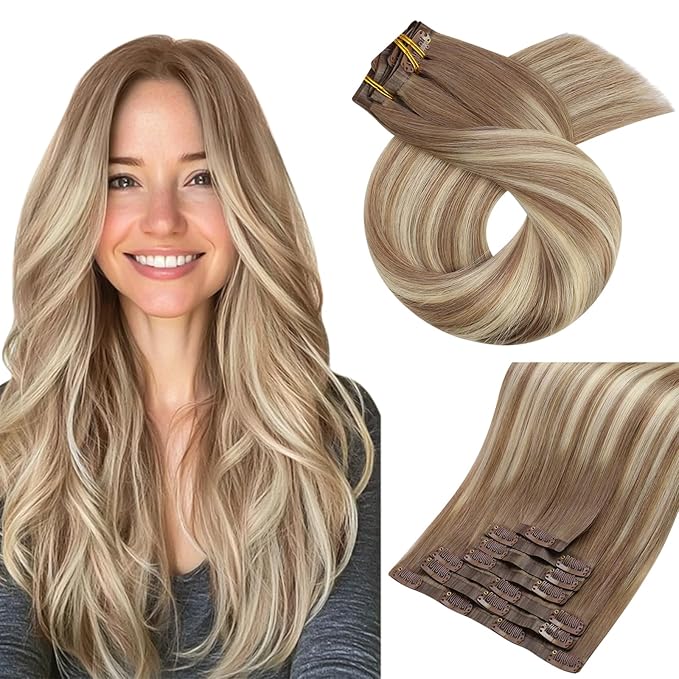 Moresoo Seamless Clip in Human Hair Extensions Light Brown to Medium Blonde Balayage Clip in Brown Blonde Hair Extensions for Women Remy Human Hair Clip ins Invisible 120g/7pcs 20 inch