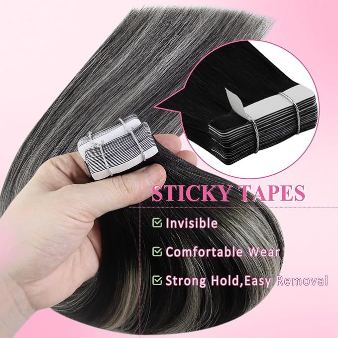 YoungSee Black Tape in Hair Extensions Human Hair Invisible Tape on Human Hair Extensions Ombre Black to Silver Real Hair Tape-in Extension for Women Silky Straight Hair Extensiones 18In 50g 20pcs