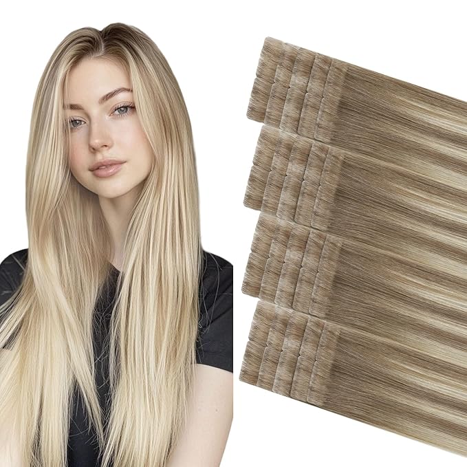 COOKAYU Invisi Edge Tape in Hair Extensions Human Hair, Ash Brown to Platinum Blonde 20Inch 20pcs 45g Straight Invisible Injected Tape in extensions