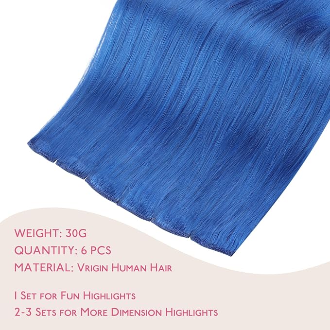 WENNALIFE Blue Clip in Hair Extensions Real Human Hair 35g 6pcs 22 Inch Colored Hair Extensions for Kids Women Colorful Hair Pieces Pop-up Style Straight Extensiones De Cabello Humano Con Clip