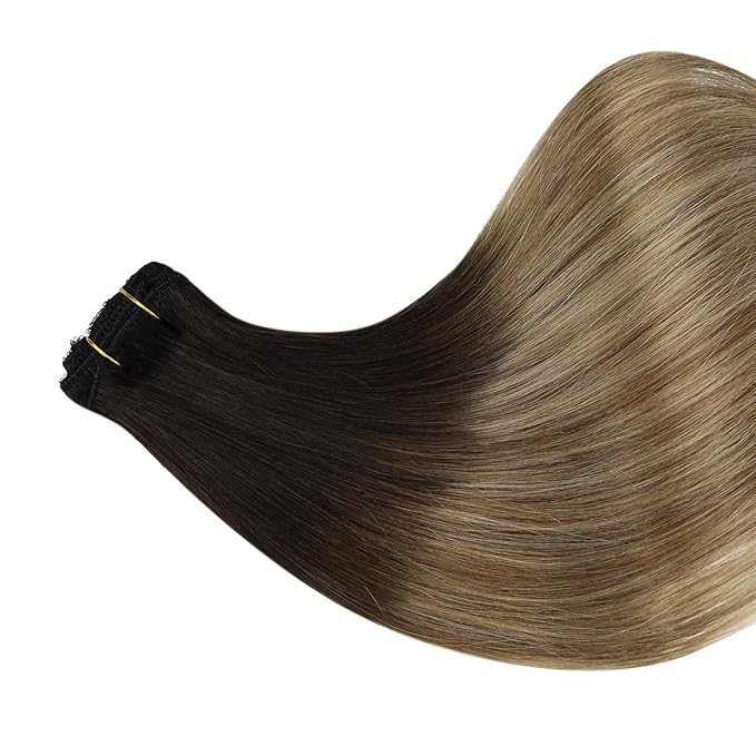 Full Shine Balayage Clip in Hair Extensions 12 Inch Hair Extensions Clip in Balayage Off Black Fading to Brown with Medium Blonde Remy Hair for Short Hair 3 PCS 60 Grams