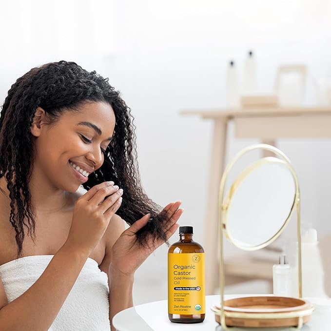 Zen Routine Organic Castor Oil (Glass Bottle - 16oz / 2-Pack) Hexane Free – Hair Growth Oil, Eye Lashes & Stomach, Pure 100% Cold Pressed Unrefined Castor Pack Wrap – USDA Certified, Made in the USA
