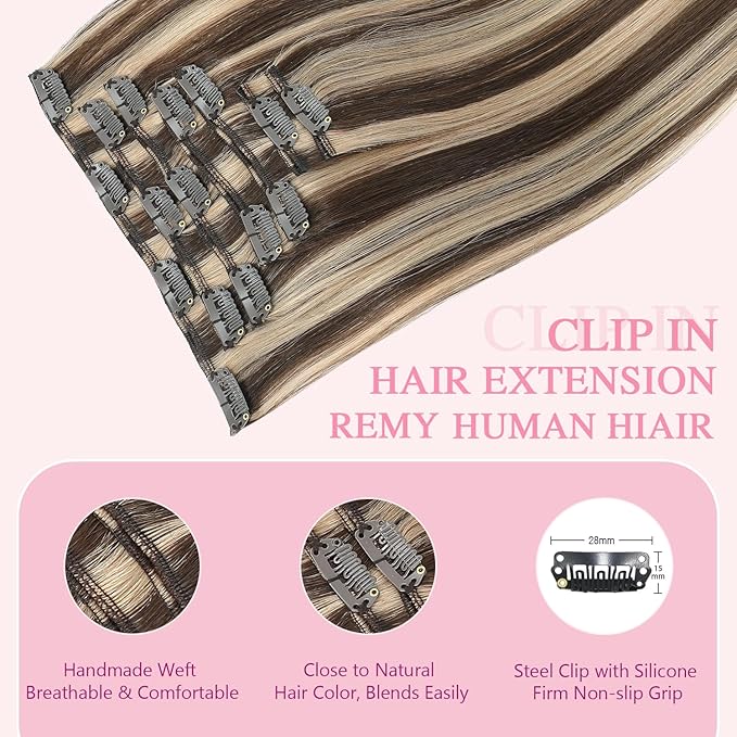 PINKPEARL Clip in Hair Extensions Human Hair 18inch 120g 7pcs Remy Human Hair Extensions Clip in #4P27 Chocolate Brown Highlighted Caramel Blonde Clip Hair Natural Human Hair(#4P27-18)
