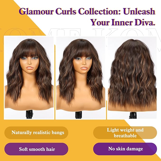Short Curly Bob Wig with Bangs,Brown Highlight Synthetic Wigs for Women 18IN