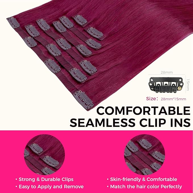 Lashey Seamless Clip in Hair Extensions Human Hair 110g 7pcs Burgundy #99j Straight 14 Inch Real Hair Extensions Clip ins with Soft PU Weft Invisible