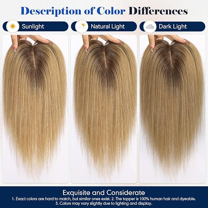 HAIRCUBE Hair Toppers For Women With Thinning 5"*5" Large Base Real Hair Toppers For Women, 14 Inch For Hand-Woven, 60g, Silk, Natural, realistic, Use Daily, Hairloss, Ombre Light Brown, No Bangs