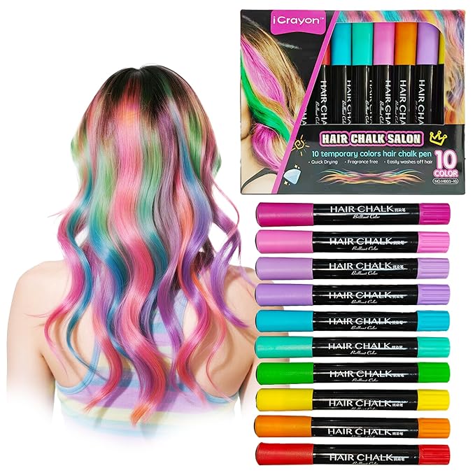 10 Colors Dustless Hair Chalk for Kids, Washable Temporary Hair Color Pens, Easy to Apply & Wash Out, Kid-Safe Non-Toxic, Fun Gifts for Girls & Teens, Parties, Dress Up & Creative Play