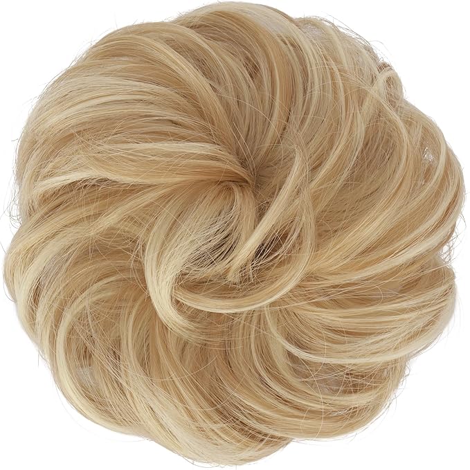 FESHFEN Messy Bun Hair Pieces - Large Wavy Curly Elastic Hair Bun Scrunchies Ponytail Extensions Synthetic Chignon Hairpieces for Women, Dark Golden Mix Beige Blonde 1.94oz