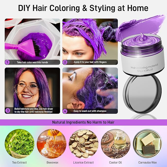 6 Colors Temporary Hair Dye,Temporary Hair Color Wax,Natural Washable Hair Dye Temp Hair Color for Women Men Kids Party Cosplay Halloween
