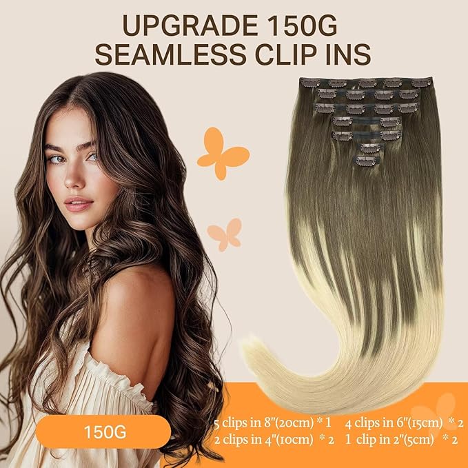 DOORES Seamless Clip in Hair Extensions, Ash Brown to Platinum Blonde, 18 Inch, 130g, 7pcs, Human Hair Extensions, Remy Natural Hair, Seamless Weft, Thick Hair, Invisi Edge