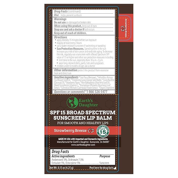 SPF Lip Balm 4-Pack by Earth's Daughter - Lip Sunscreen, SPF 15, Organic Ingredients, Strawberry Flavor, Beeswax, Coconut Oil, Vitamin E - Hypoallergenic, Paraben Free, Gluten Free