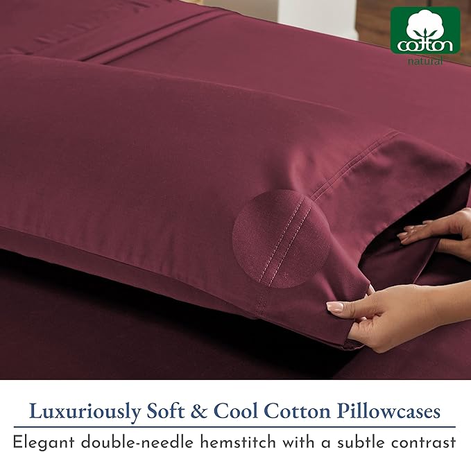California Design Den Natural 100% Cotton Pillow Cases Queen Size Set of 2 - Luxuriously Soft and Thick 800 Thread Count, Smooth Sateen Standard/Queen Pillow Cases, Durable - Red Wine