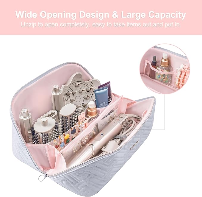 Leudes Hair Tools Travel Bag For Dy son Airwrap Hair Dryer Shark Flex Style Carrying Case Travel Makeup Bag Portable Pouch Open Flat Packing Organizers with Divider and Handle (Light Grey)