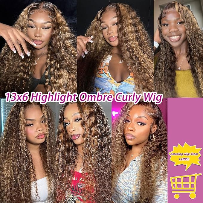P4/27 Highlight Deep Wave Wig Human Hair 13X6 Highlight Lace Front Wig Human Hair 210% Density Ombre Curly HD Transparent Lace Frontal Wigs Human Hair Wet and Wavy Wig Pre Plucked 22 Inch
