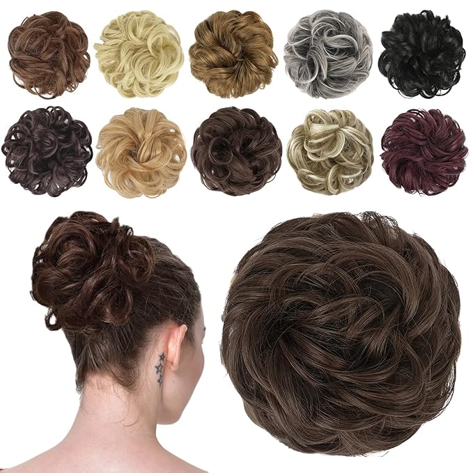 FESHFEN Messy Bun Hair Piece - Elastic Wavy Curly Hair Bun Scrunchies Extensions Synthetic Chignon Hairpieces for Women Girls, Medium Chestnut Brown 1.5 oz