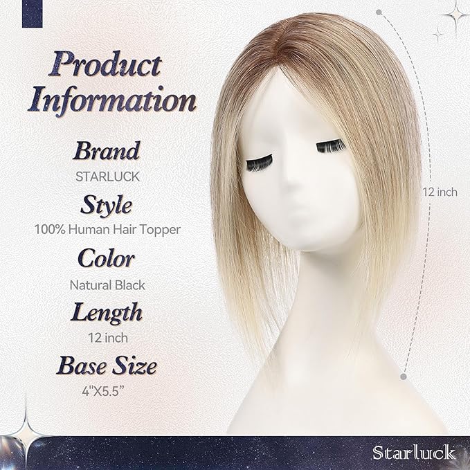 starluck Human Hair Toppers for Women Real Human Hair No Bangs 4 * 5.5 inch Base 12 inch SilkHug Hair Topper for Women Cover Grey Roots(Gray Brown with Platinum)