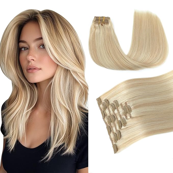 PINKPEARL Clip in Hair Extensions #27P60 Caramel Blonde Highlighted Platinum Blonde 120g 7pcs 22 Inch Clip in Hair Extensions Real Human Hair Hair Extension Clip Ins(#27P60-22)
