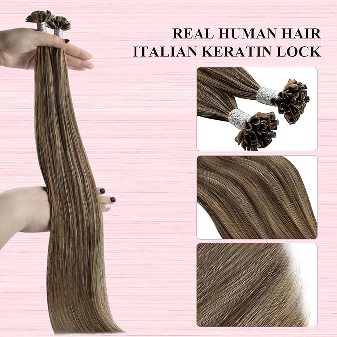 YoungSee U Tip Hair Extensions Human Hair Brown with Blonde U Tip Hair Extensions Highlight Ktip Human Hair Extension Brown Hot Fusion Extension Highlight Utip Extension 22In for Long Hair 1G/S 50G