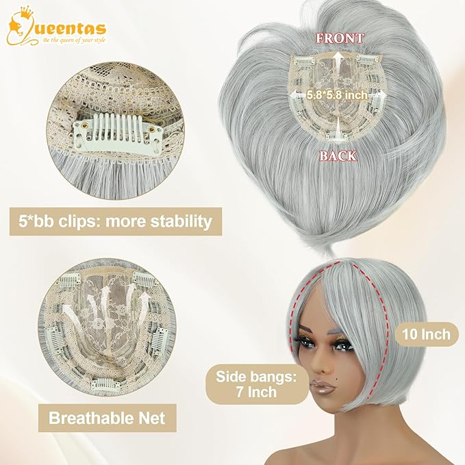 QUEENTAS Grey Hair Topper for Women with Thinning Hair Pieces 6"*6"Large Coverage 360°3D Cover Silver Synthetic Short Bob with 5 Clips in Wiglets(Gray)