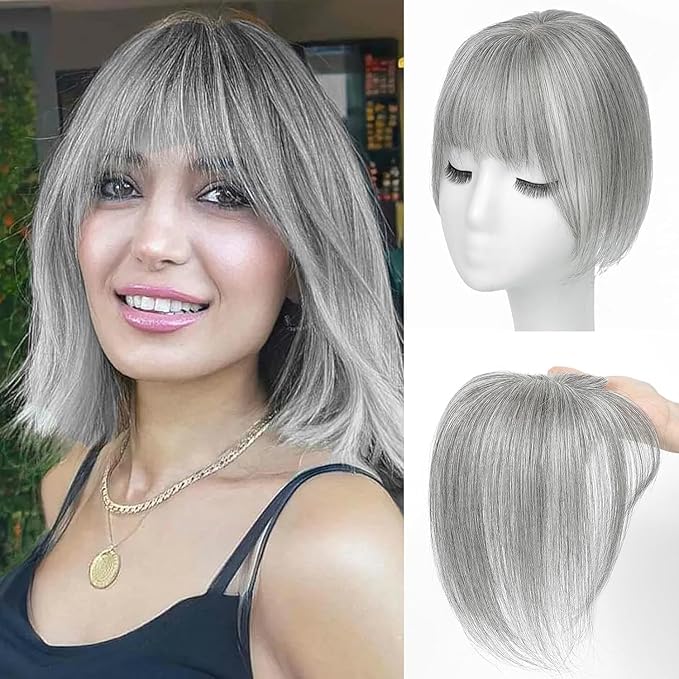 Amchoice Hair Toppers for Women Real Human Hair, Bangs Hair Clip 360° 3D Cover Bangs, Human Hair Toppers for Women Daily(Gray, 3D Side Bangs (5 * 9))