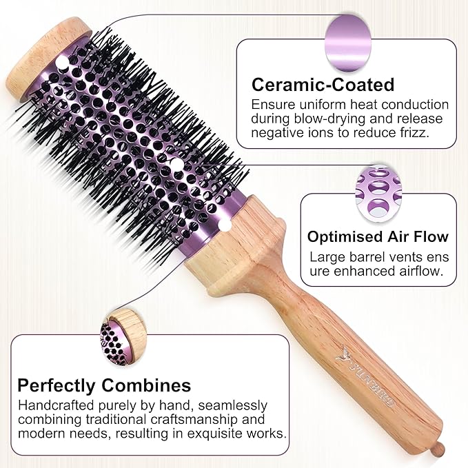 SUNBIRD Round Brush for Blow Drying - Wood Handle Professional Blowout Brush with Aluminium Ceramic Ionic Thermal Barrel for Smooth Hair, Volume & Heat Wave Curly Styling (Outer Diameter2.4Inch)