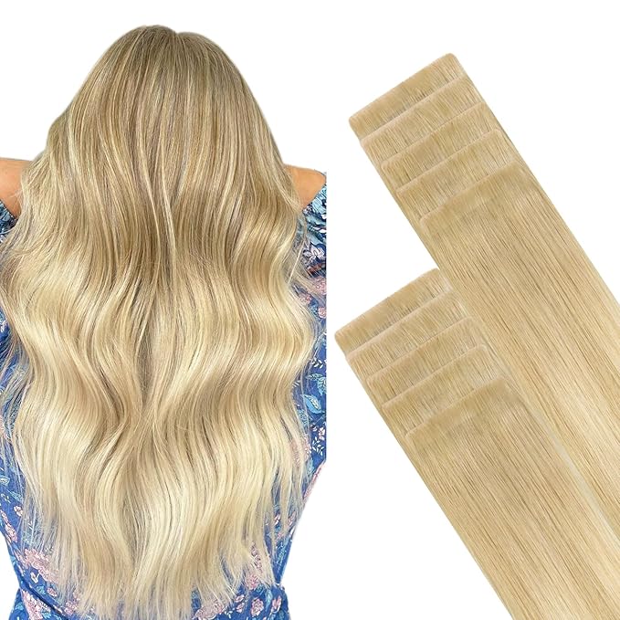 GOO GOO Invisi Edge Tape in Hair Extensions Human Hair, 18AT60A Pearl Ash Blonde Highlights, 10pcs 18inch 25g, Virgin Remy Hair, Seamless Injected Tape, Natural Look