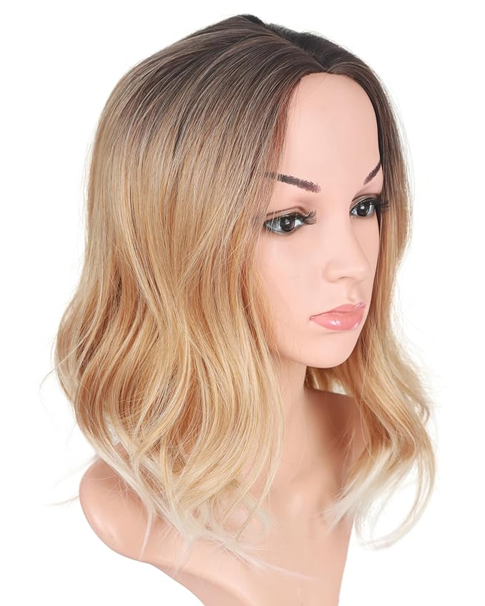 Short Curly Ombre Blonde Bob Hair Wigs For Women Synthetic Middle Part Wig With Brown Roots Party Costume Cosplay Wig (Ombre Blonde-9143)