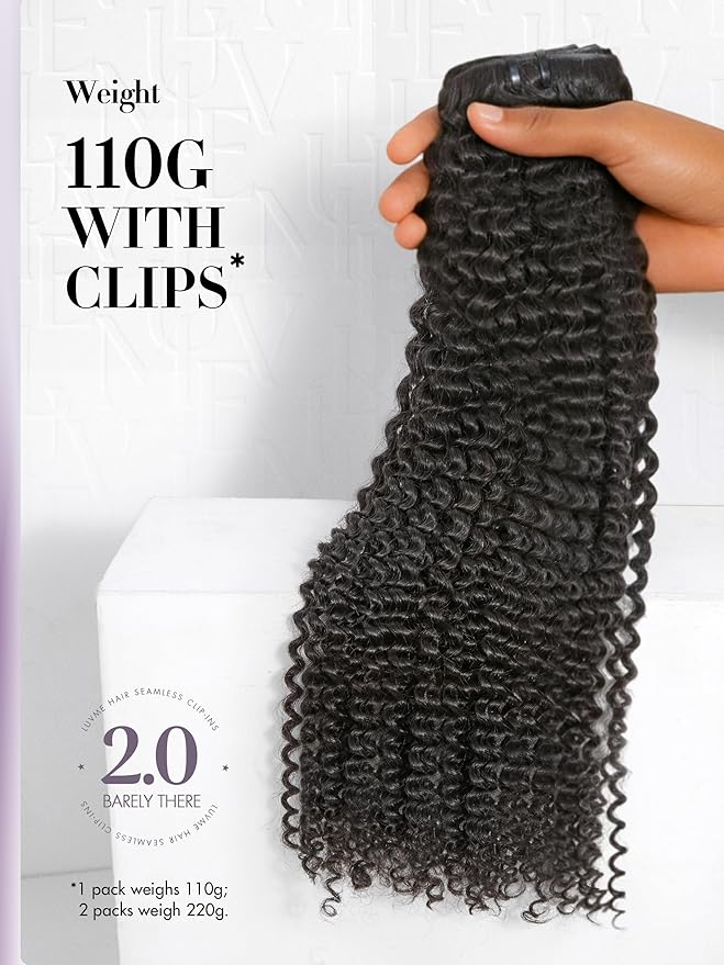 LUVME Invisible Clip ins Hair Extensions Deep Kinky Curly Real Human Hair Remy Hair Clip ins for Women, Natural Human Hair, 22 inch 110g 6Pcs, Natural Black