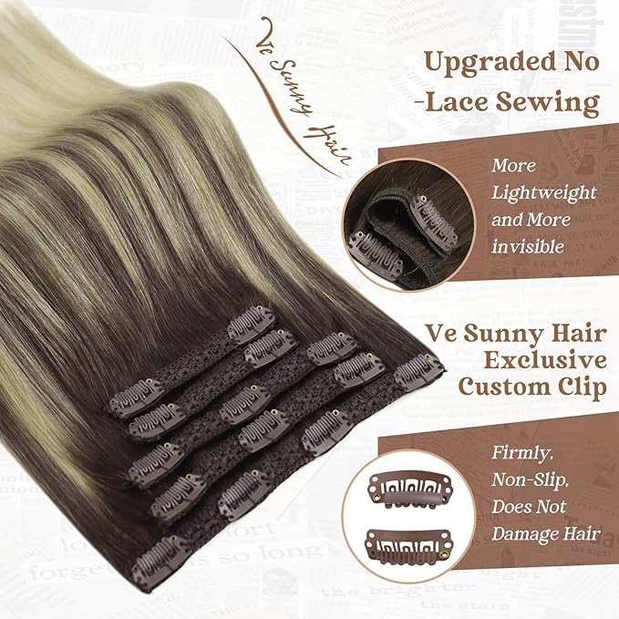 Ve Sunny Human Hair Clip in Extensions Invisible Clip in Hair Extensions Balayage Clip in Human Hair Extensions Dark Brown Ombre Golden Blonde Mix Light Blonde Daily Use Charming 7pcs 120g 20inch