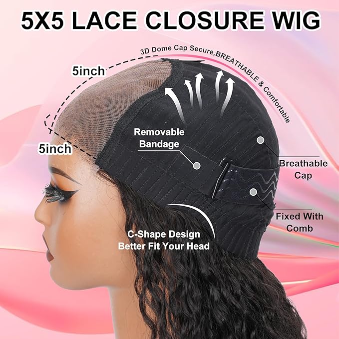 MEIMEI 250 Density Wear and Go Glueless Wigs Human Hair Pre Cut Bleached Knots Loose Wave 5x5 HD Lace Closure Wigs Human Hair Pre Plucked, No Synthetic Blend No Tangle No Shedding Triple Lifespan 3X
