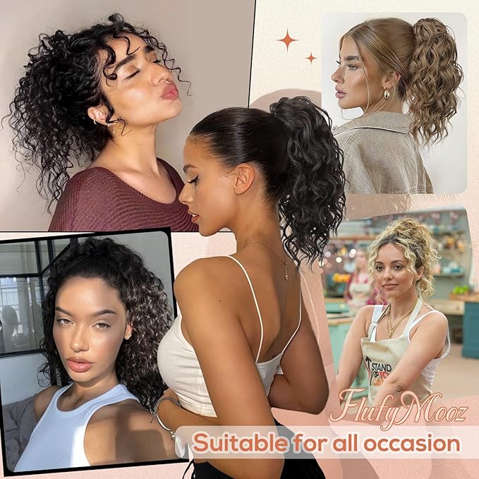 FLUFYMOOZ Ponytail Extension, 12" Short Claw Ponytail Extension Wavy Curly Jaw Clip in Pony tails Hair Extension Natural Synthetic Hairpiece for Women (Light Blonde with White Blonde Highlight)