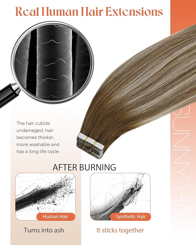 Sunny Hair Tape in Hair Extensions Medium Brown Balayage Blonde Tape in Hair Extensions Human Hair, 20 inch Remy Hair Extensions Tape in 20Pcs 50g