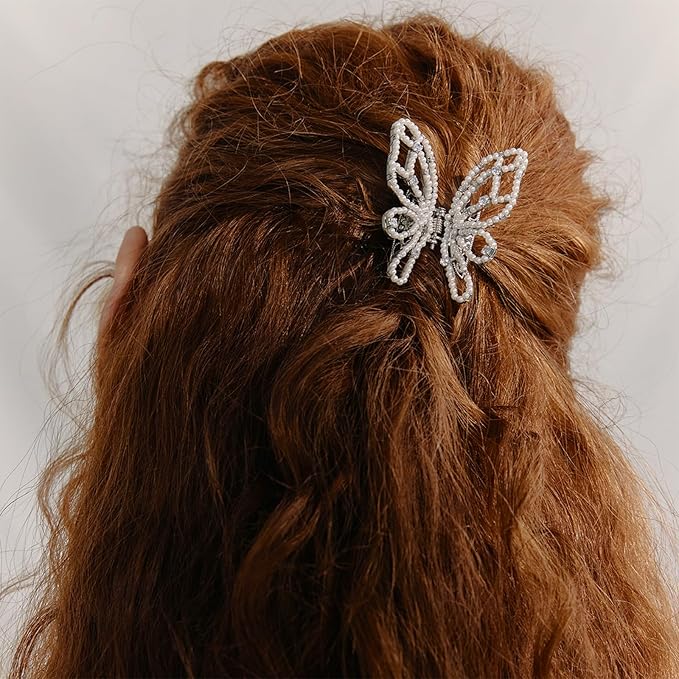 Pearl Butterfly Artificial Crystal Vintage Hair Claw Clip for women, Hand-set Cubic Zirconia Hair Barrette, SHE'S FREE STYLE JUST FOR YOU [Barbier Series]Sparkly Gorgeous Hair Clips for Wedding gift