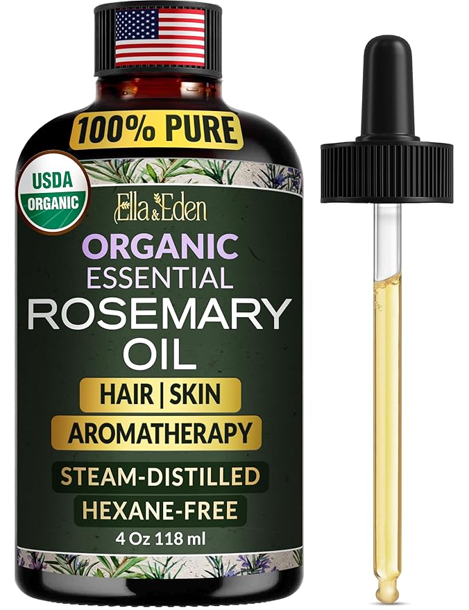 Ella & Eden Organic Rosemary Essential Oil - BIG 4 Fl Oz bottle, 100% Pure, Steam-Distilled, Hexane-Free - for Hair Growth, Skin, Aromatherapy - Glass Bottle