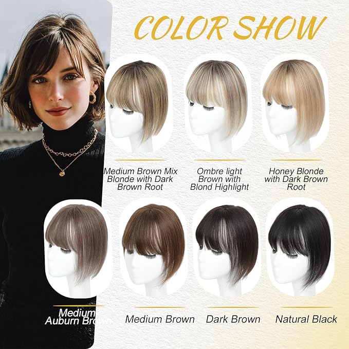 100% Real Human Hair Topper for Women Human Hair Pieces for Women 10 inch Ombre Light Brown with Blond Highlight Hair Hoppers with Bangs Swiss Base Clip in Bangs for Thinning Hair2T613