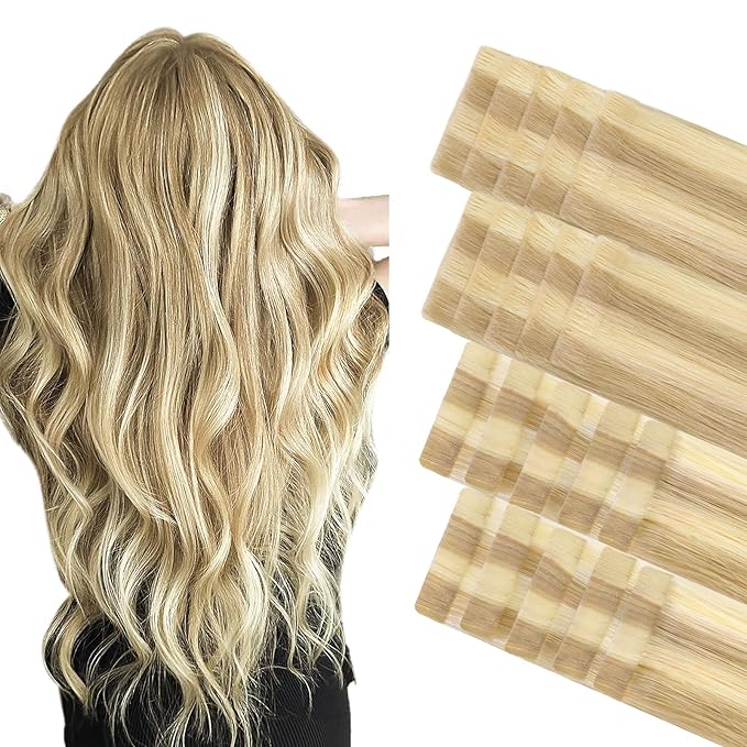 GOO GOO Invisi Edge Tape in Hair Extensions Human Hair, 18D/22F Dirty Blonde Highlights10pcs injected with 10pcs classical tape ins, 16inch 50g, Virgin Remy Hair, Natural Look