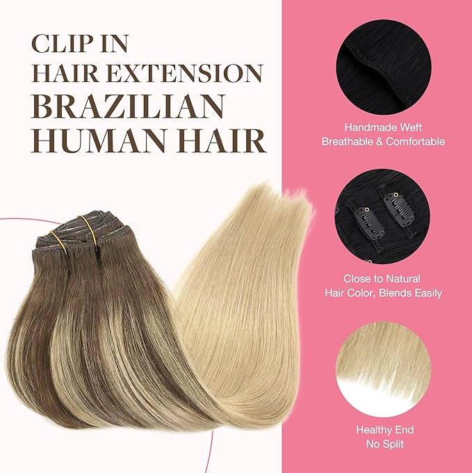 GOO GOO Clip in Hair Extensions Real Human Hair, Remy Human Hair Extensions Clip ins for Women, Natural Human Hair, 18inch 150g 9Pcs, 4/18 Balayage Chocolate Brown Highlighted Dirty Blonde