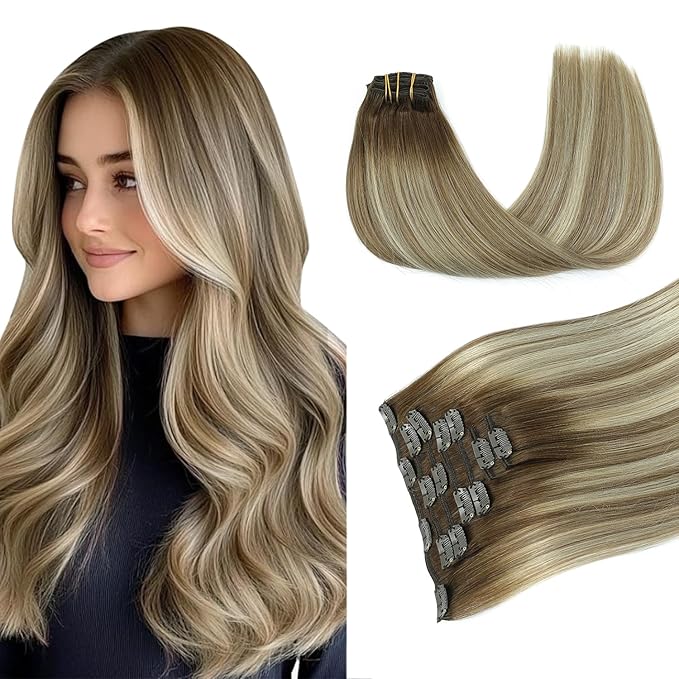 PINKPEARL Clip in Human Hair Extensions #3/8/22 Balayage Walnut Brown to Ash Brown and Golden Blonde Clip in Hair Extensions Real Human Hair 7pcs 120g 16inch Human Hair Extensios Clip ins(#3/8/22-16)