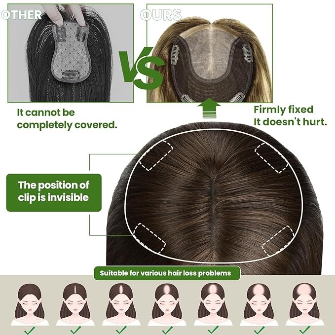 HAIR Real Human Hair Toppers for Women 150 Density 6x7inch 75 grams 16 inch medium dark brown for Women with Thinning Crown (#4 16inch)