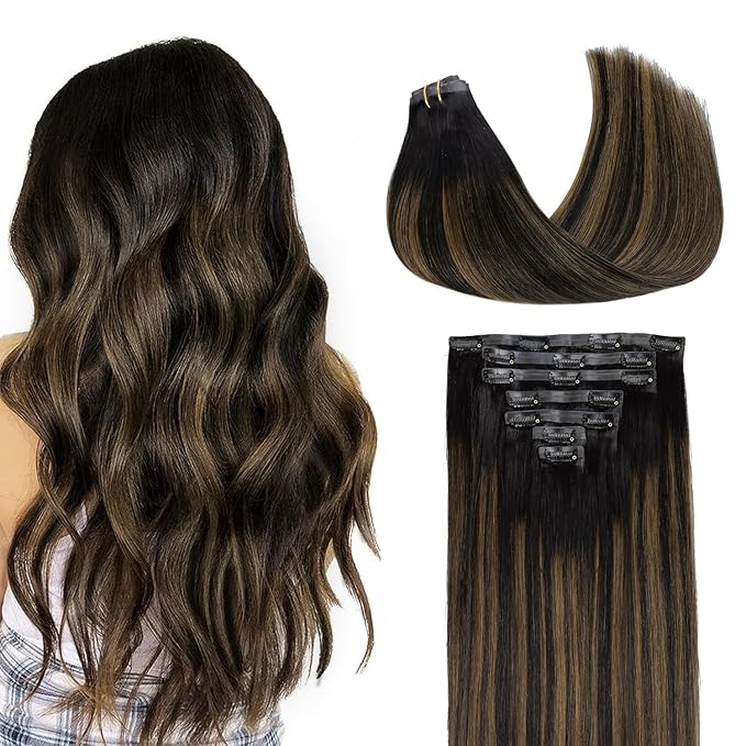 GOO GOO Clip in Hair Extensions Real Human Hair, Remy Human Hair Extensions Clip ins for Women, Natural Human Hair, 22 Inch 140g 7Pcs, 1B/6/1B Balayage Natural Black to Chestnut Brown
