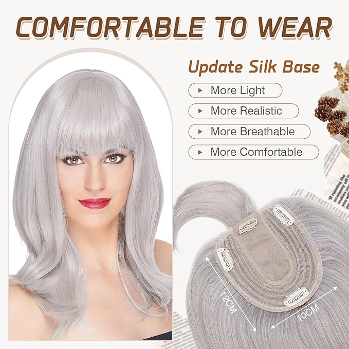 Rich Choices Real Human Hair Toppers for Women With Bang 100% Remy Human Hair Topper for Thinning Hair Clip in Silk Base Hair Topper 14 Inch GREY