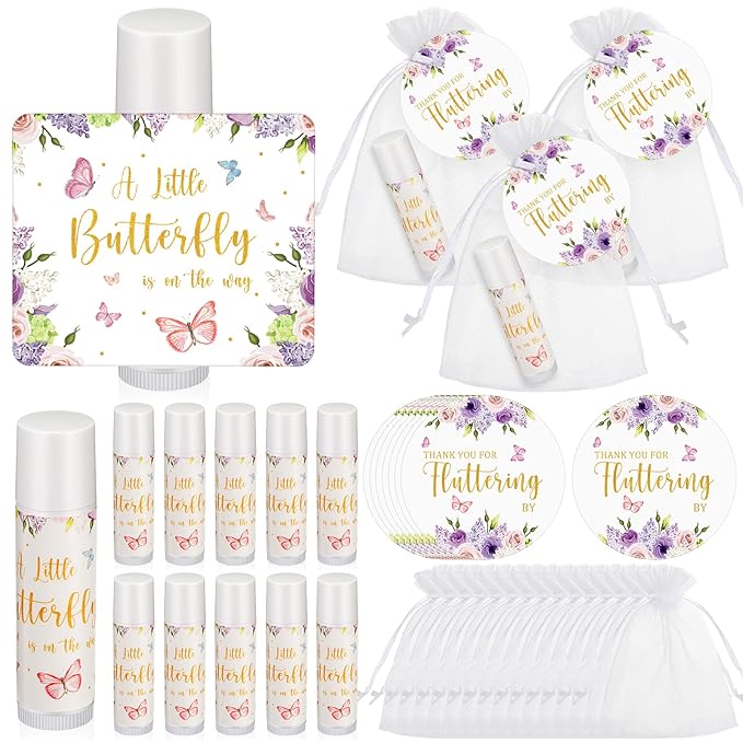 Fumete 50 Pack Butterfly Baby Shower Party Gifts Favors Bulk Lip Balms for Guests Boys Girls Neutral Gender Reveal Favors for Baby Shower Prizes Souvenirs Bags Stuffer Classroom Prizes