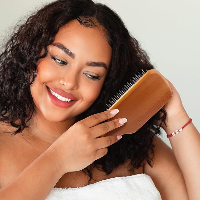 Red by Kiss Evergreen Wooden Square Paddle Hair Brush, 100% Beechwood, Long Bristles, Detangling, For All Hair Types, Sustainable, Painless Detangling, Air Ventilation Hole, Wet Dry Hair, Unisex