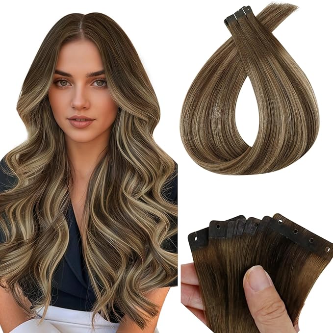 Full Shine Tape with Holes in Human Hair Extensions Color 4/24/4 Medium Brown to Blonde and Medium Brown 18INCH Human Hair Tape in Extensions Balayage Tape Extensions 50G 20PCS Seamless