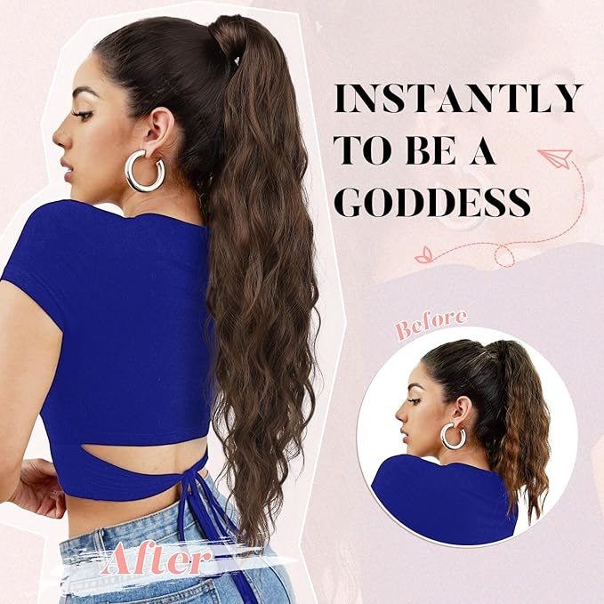 Flufymooz Ponytail Extension, Flexible Wrap Around Ponytail Extension Long Wavy Curly Ponytail Hair Extensions Natural pony tail Synthetic Hairpiece for Women 32 Inch (Champagne Blonde)
