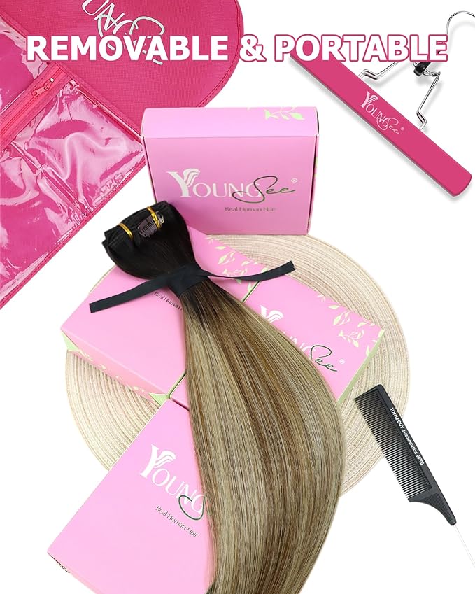 YoungSee 135g Brown Balayage Clip in Hair Extensions Ombre Clip in Human Hair Extensions Balayage Dark Brown to Medium Brown with Blonde Remy Hair Extension Clip ins for Women 16inch