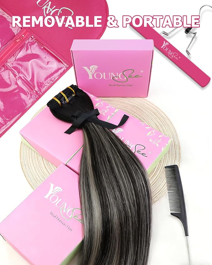YoungSee 135G Balayage Clip in Hair Extensions Black Ombre Clip in Hair Extensions Human Hair Natural Black and Silver Blonde Balayage Human Hair Clip ins for Natural Look 16In