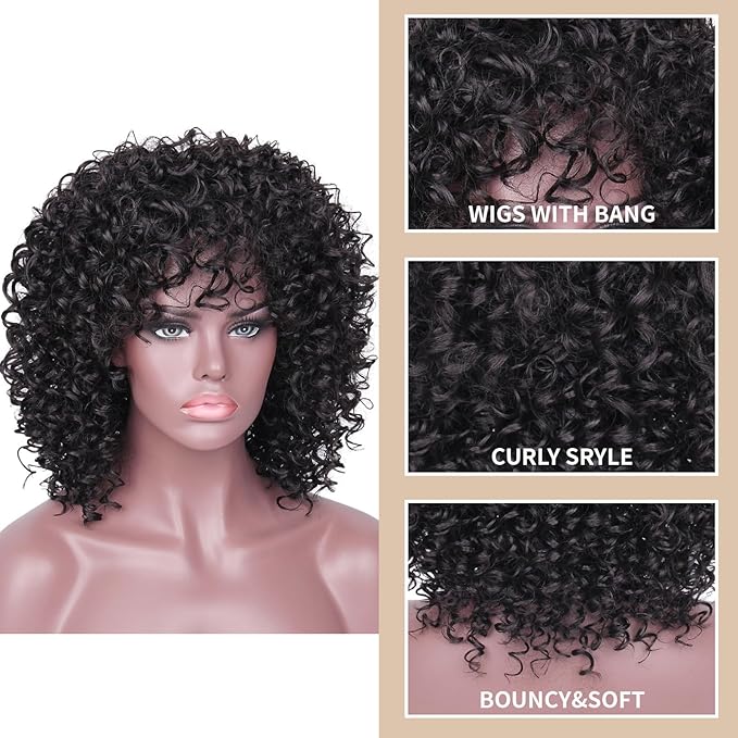 Afro Wig 15 Inch Black Women Afro Wigs African Curly Wigs Elastic Fluffy Wigs Synthetic Hair Suitable for Cosplay Daily and Party